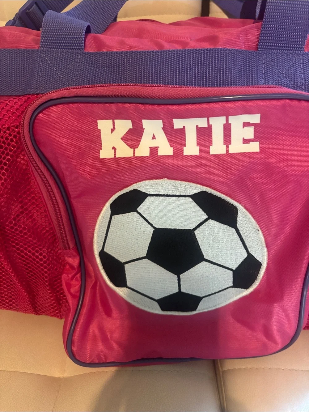 Personalized Pink Kids Soccer Duffel Bag with Purple adjustable Straps - Katie